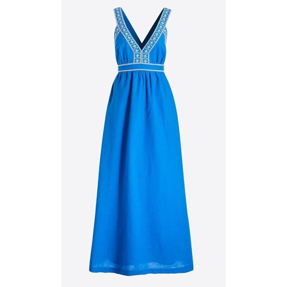 J. Crew Factory Blue Embroidered V-Neck Maxi Dress